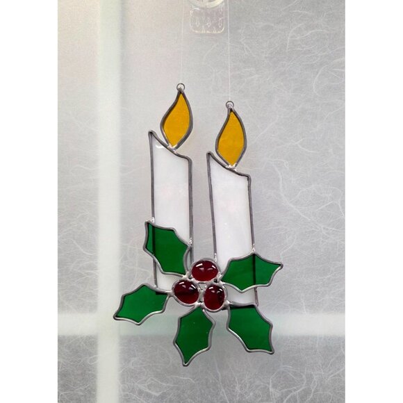 Stained Glass Candle Ornament With Holly & Berries Decoration Sun Catcher - Picture 1 of 4